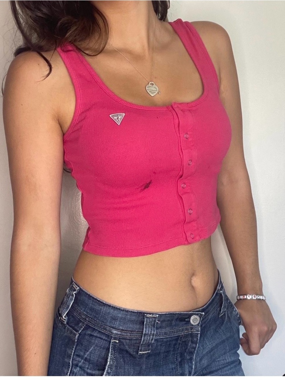 Guess Hot Pink Ribbed Button-Front Cropped Tank